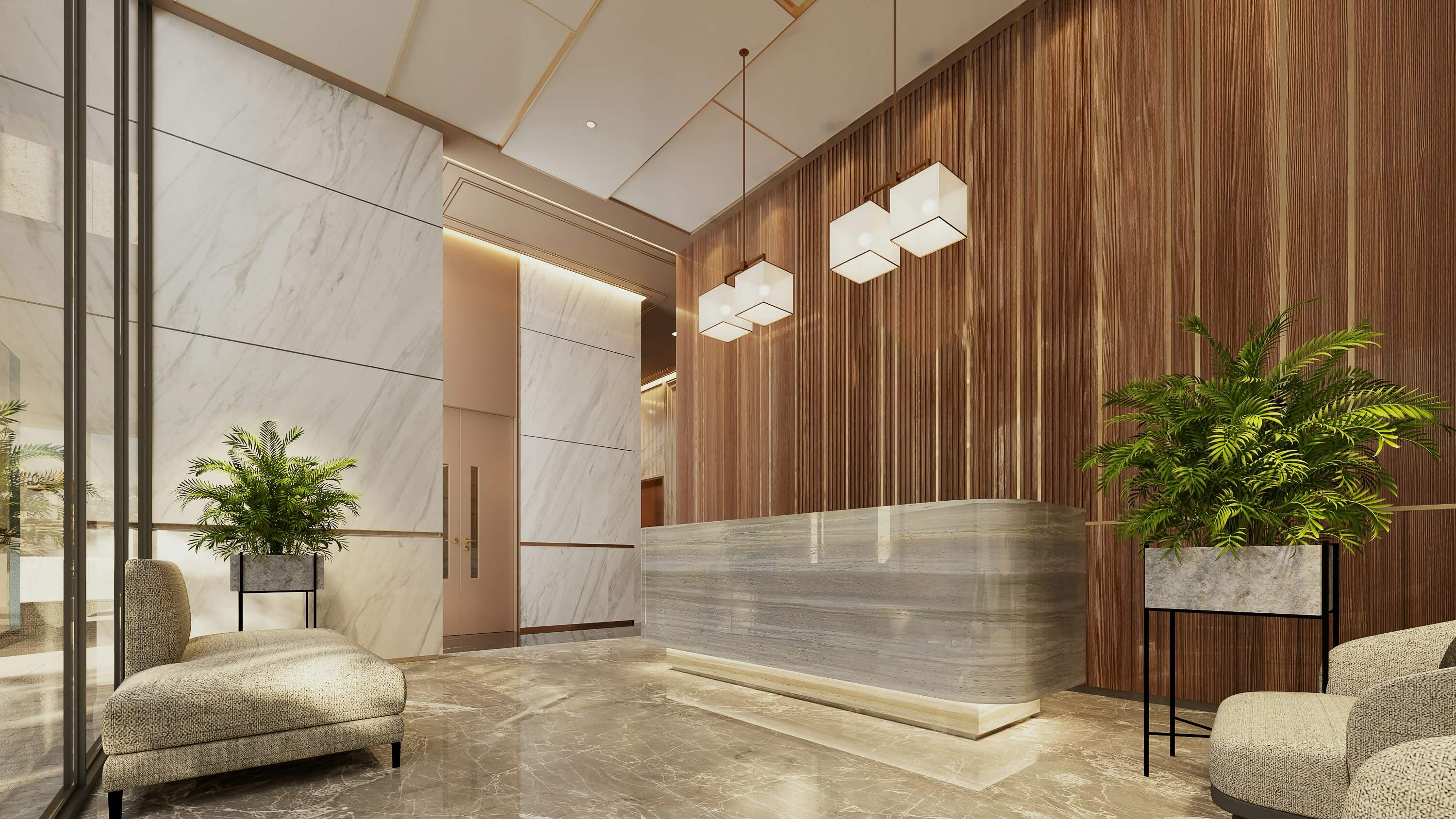 Moderne Hotel-Lobby mit Marmor-Empfangsbereich und Pflanzen